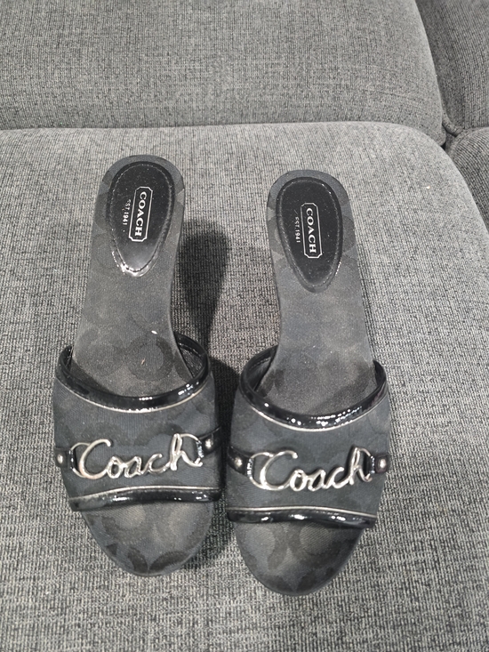 Coach Shoes - Coach Black Patent-Trim Slide Sandals with Silver Script Logo